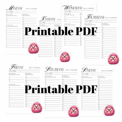 Cute Pink Hedgehog 7 Day Planner - Printable PDF - Fussy Claws and Paws